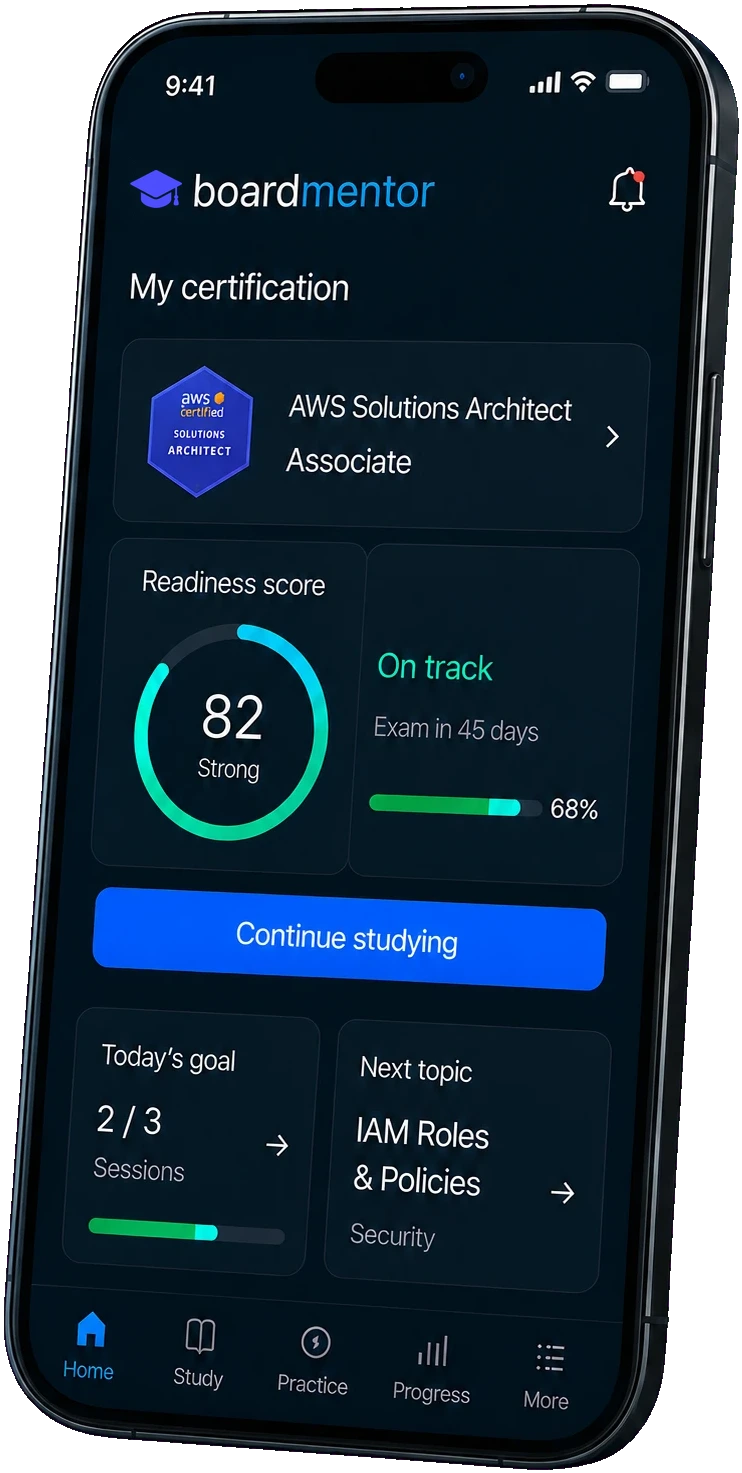 The BoardMentor mobile app showing a certification readiness dashboard